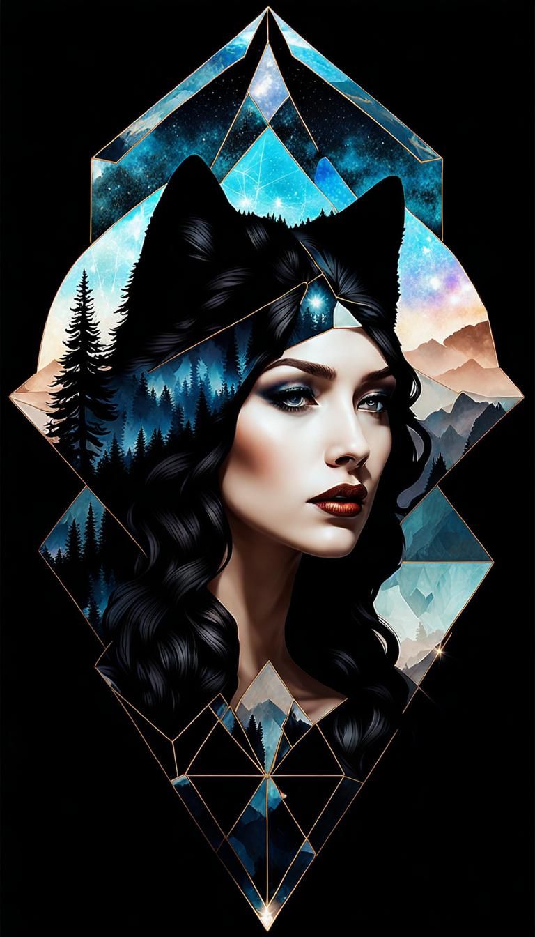 Bohemian Wolf Woman Silhouette in Art Nouveau Style