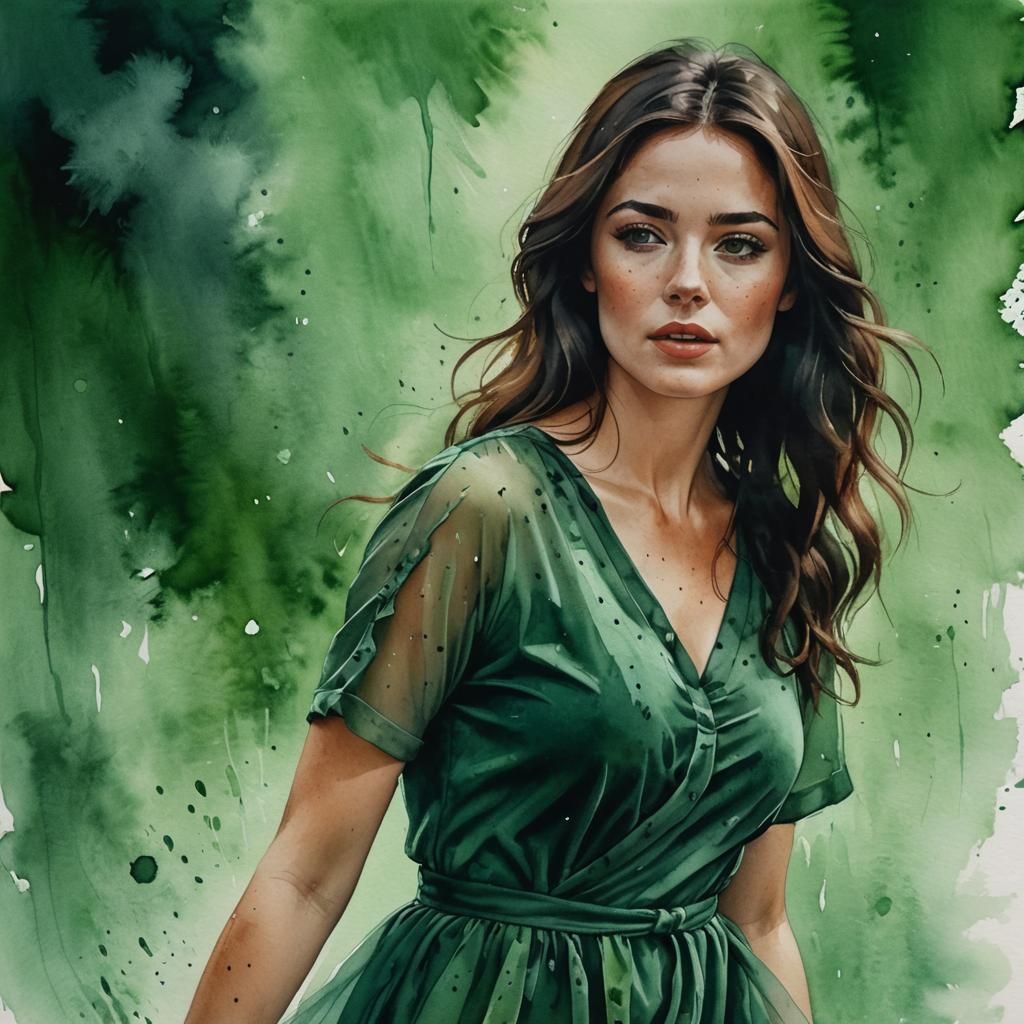 Brunette Woman in Green Dress: Oil Painting