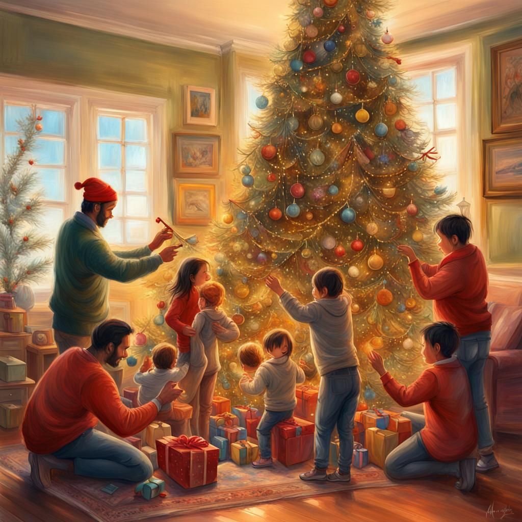 A Family Decorating a Christmas tree