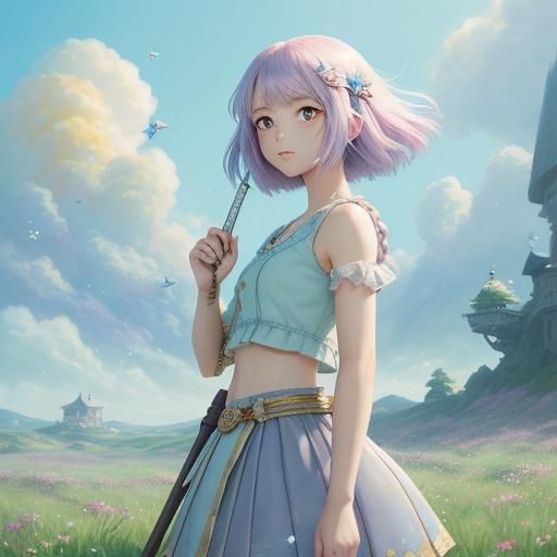 Fantasy Girl with Star Staff in Anime Watercolor Style