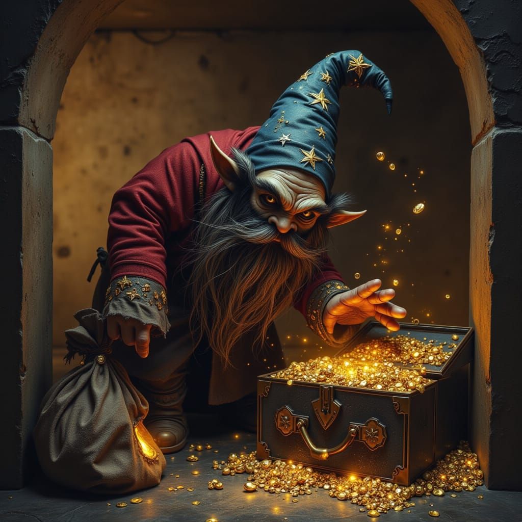Masked Gnome Thief Stealing Gold Jewelry