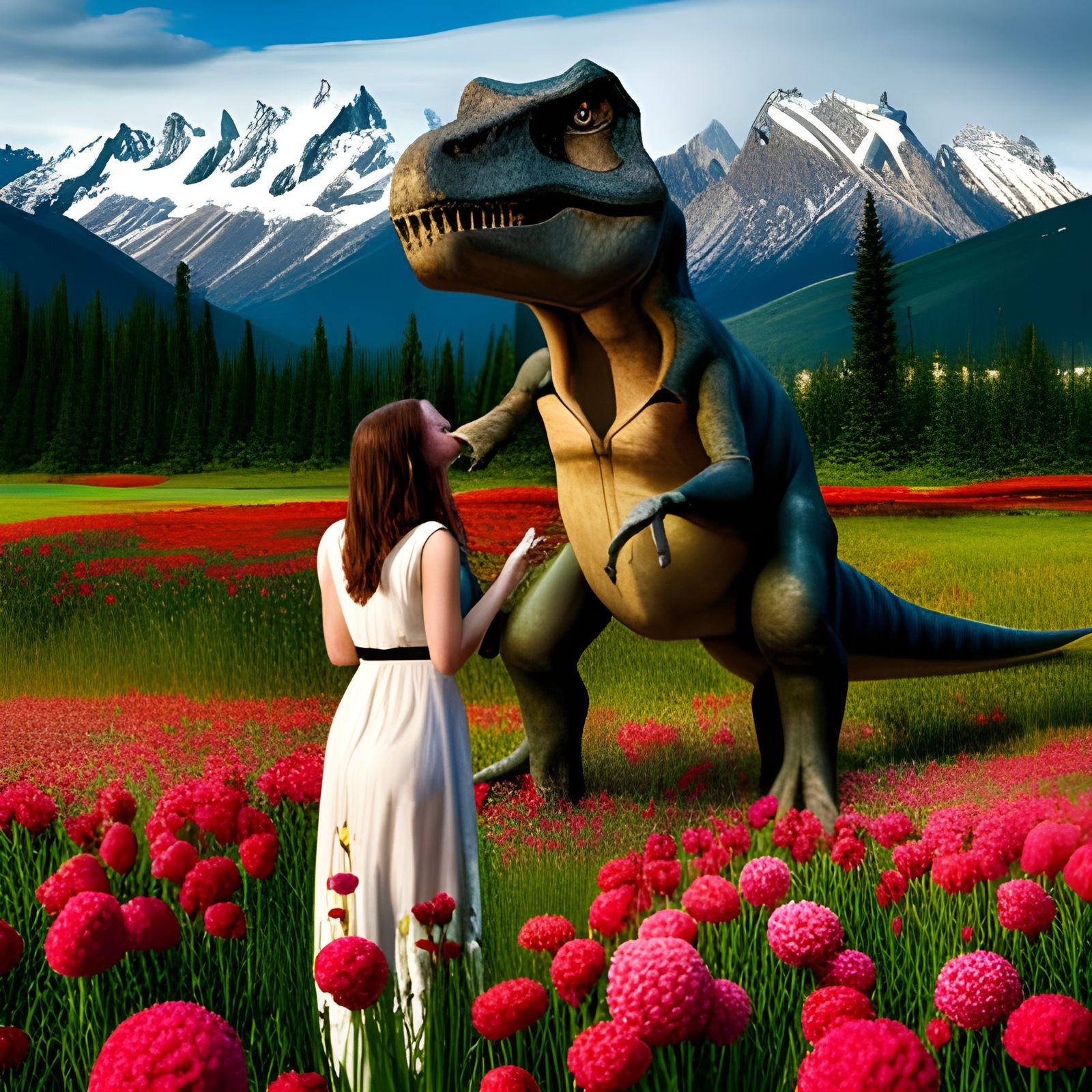 Woman Conversing with Tyrannosaurus Rex in Meadow
