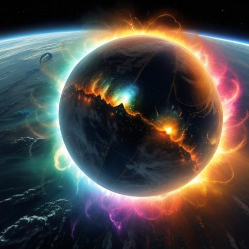 Spaceship Approaches Lightning Planet in Surreal Oil Paintin...