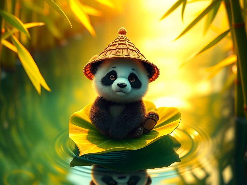 Tiny Panda Glides Down River in a Bamboo Boat