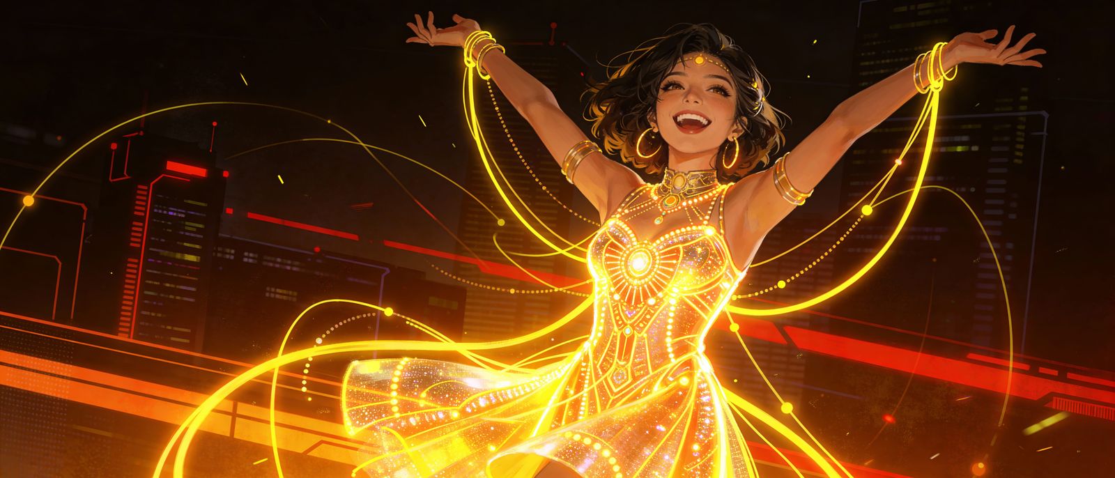 Joyful Woman in Glowing Cyberpunk Style