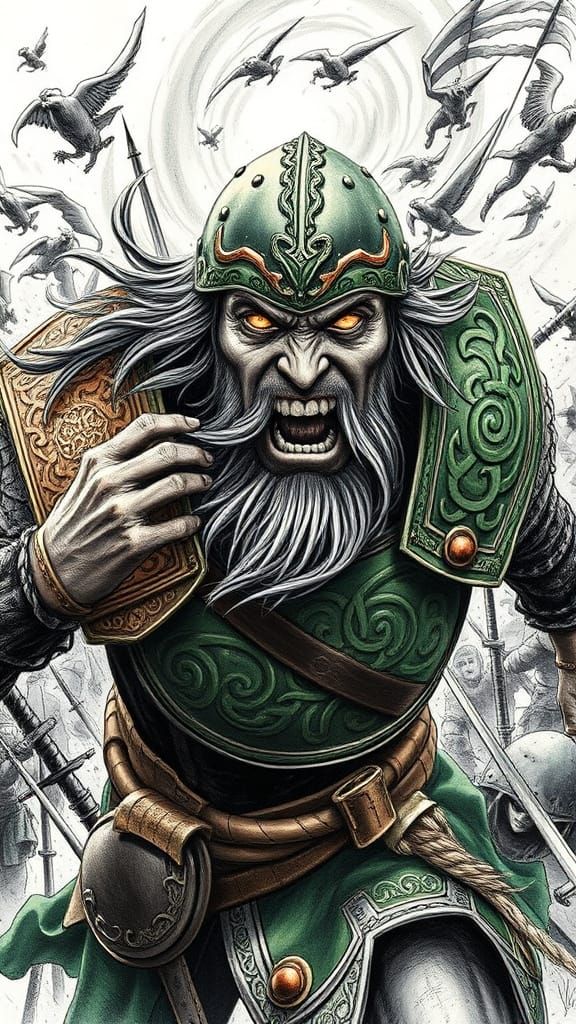 Ancient Celtic Warrior in Battle, Earthy Green and Copper Hu...