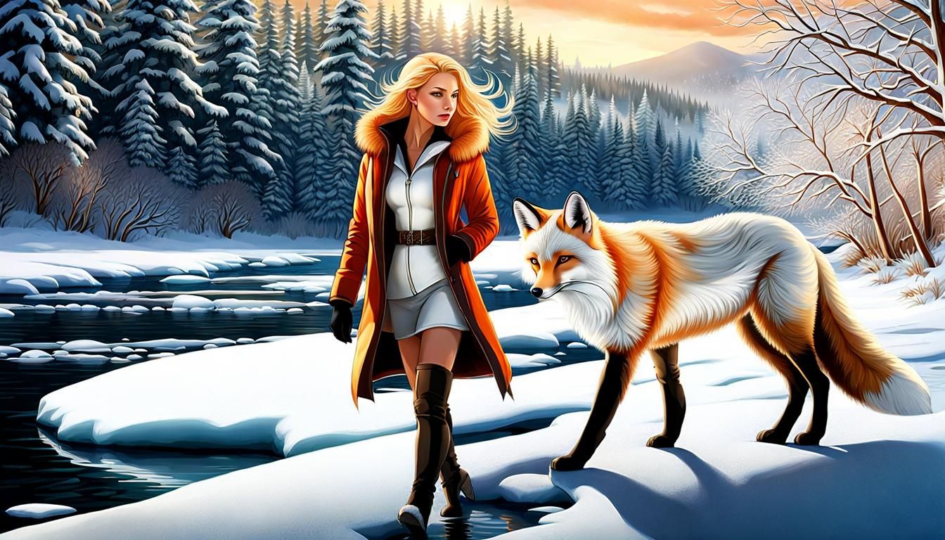 White Fox and Woman in Icy Wonderland