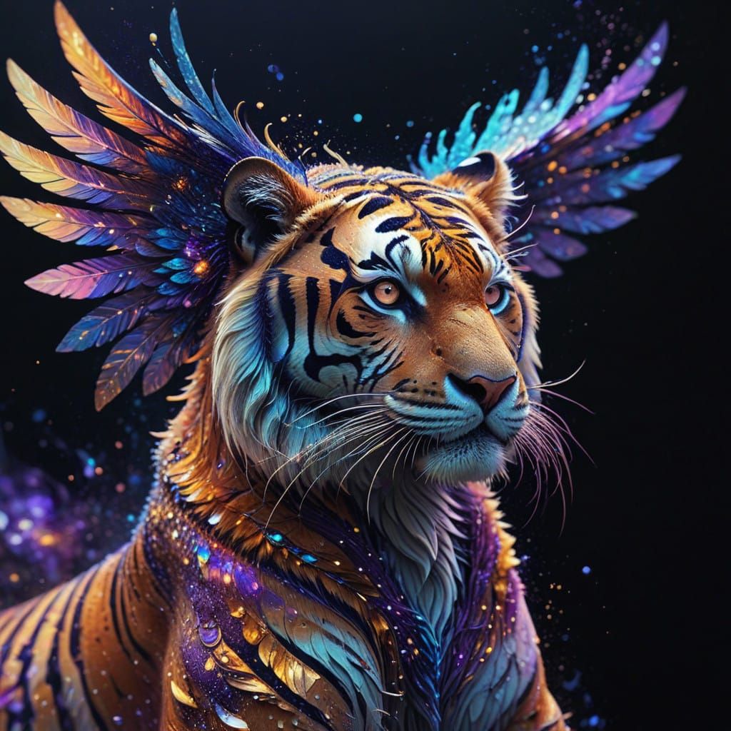 Majestic Tiger with Cosmic Dragon Wings in Vibrant Hues