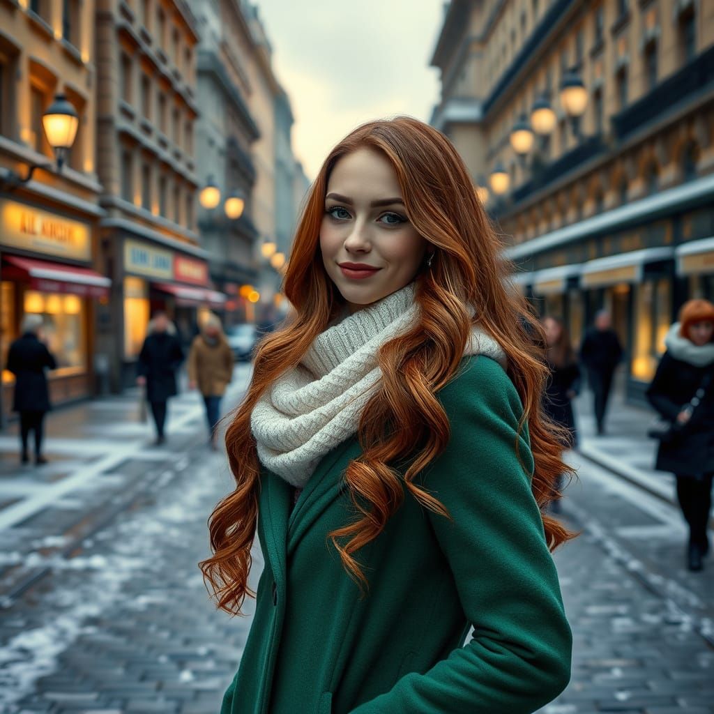 Confident Woman in Emerald Coat on Winter Street