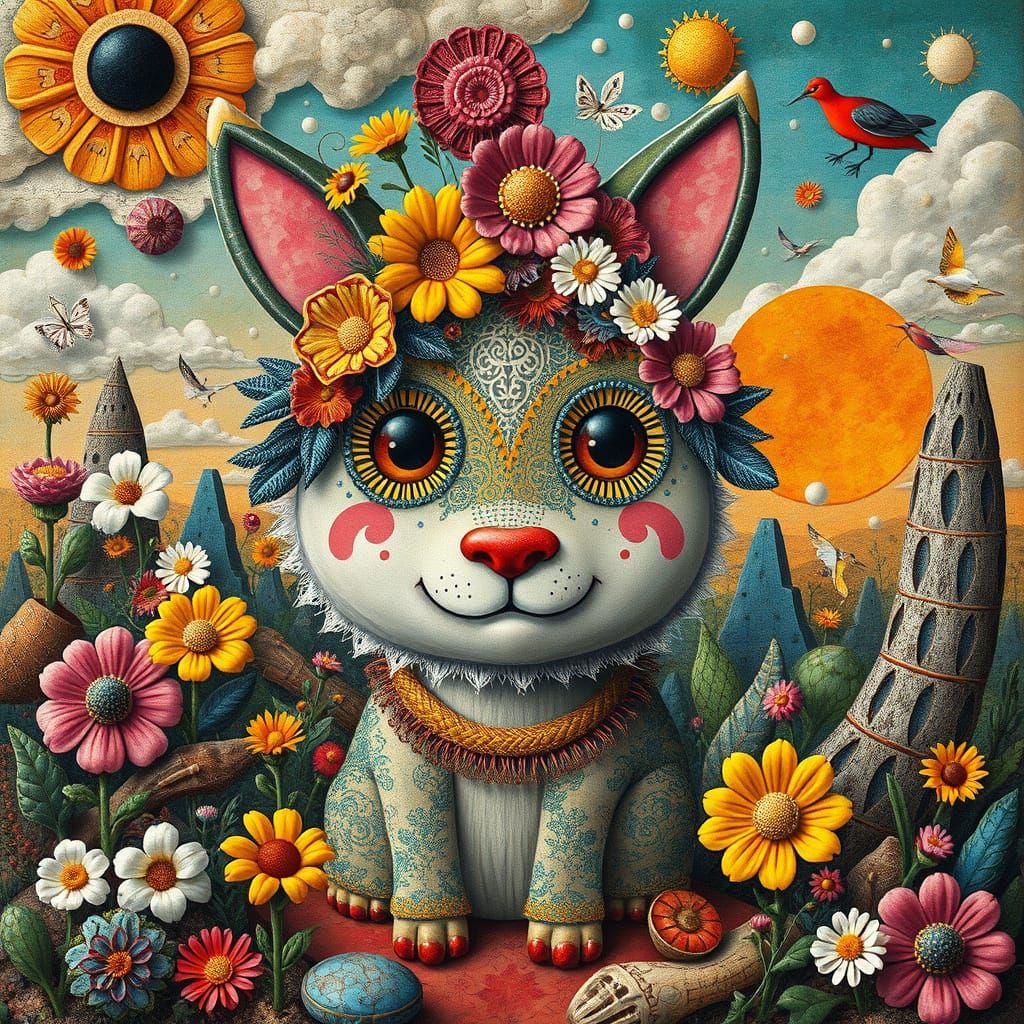 Whimsical Animal in Surreal Floral Landscape