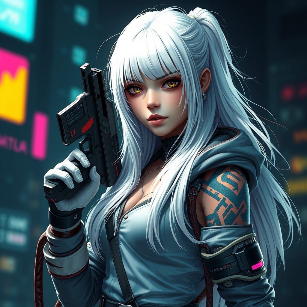 Cyberpunk Girl with Bright White Hair and Gun in Detailed Ma...
