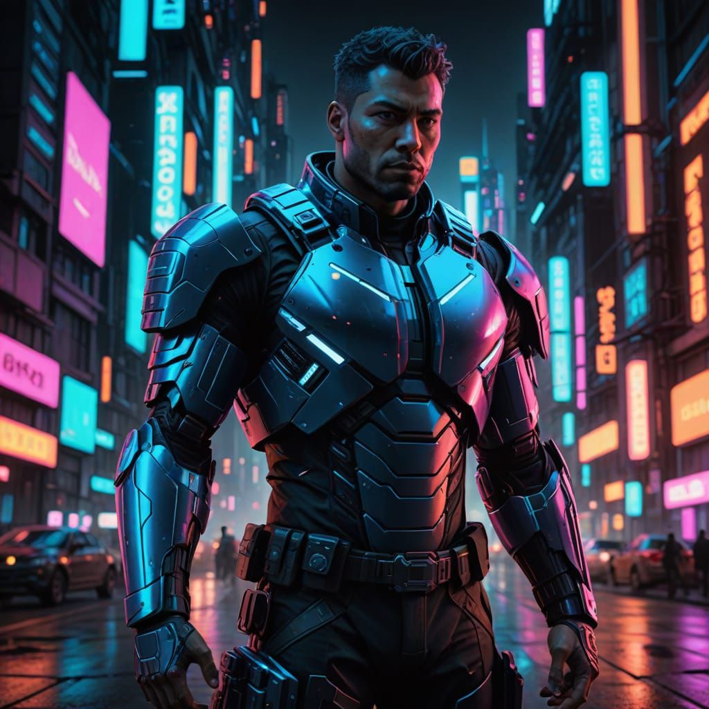 Cyberpunk Law Enforcement Officer in a Futuristic Cityscape