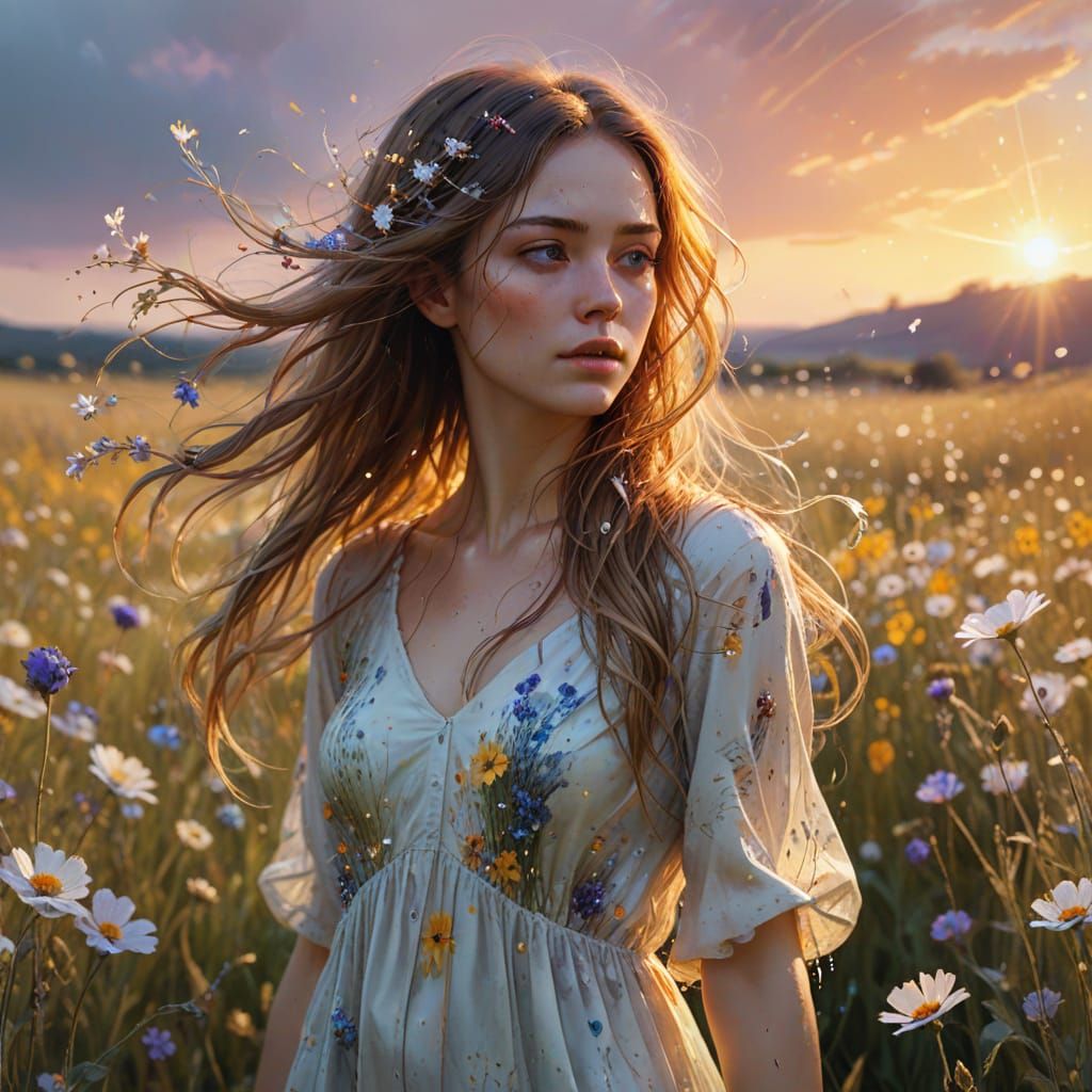 Ethereal Girl in Flower Field, Watercolor Splash Art