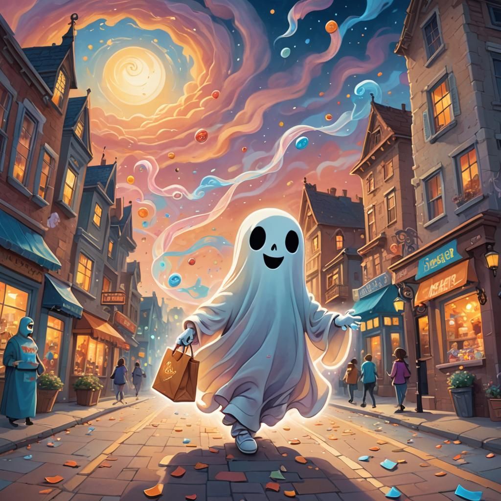 Cute Ghost Trick-or-Treating: Fantasy Illustration