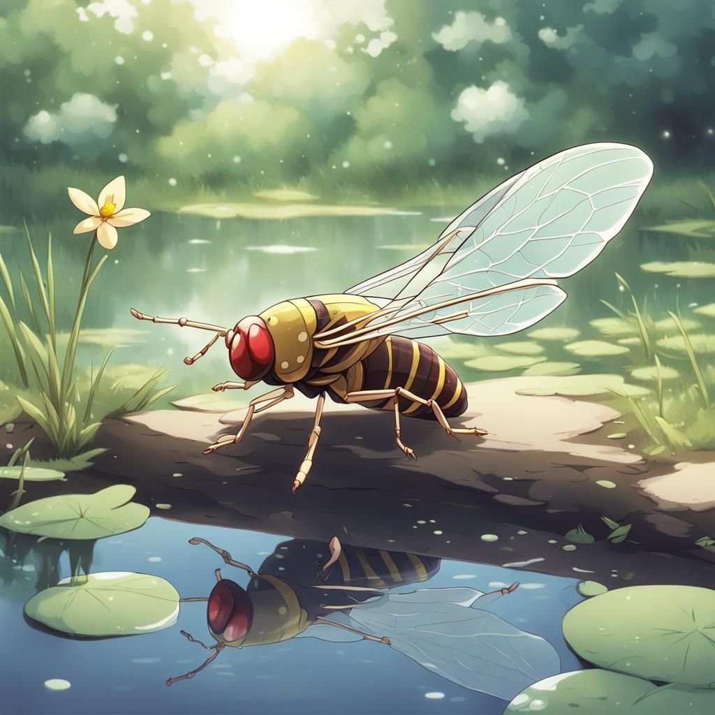 Cute Cartoon Cicada by Pond in Anime Style