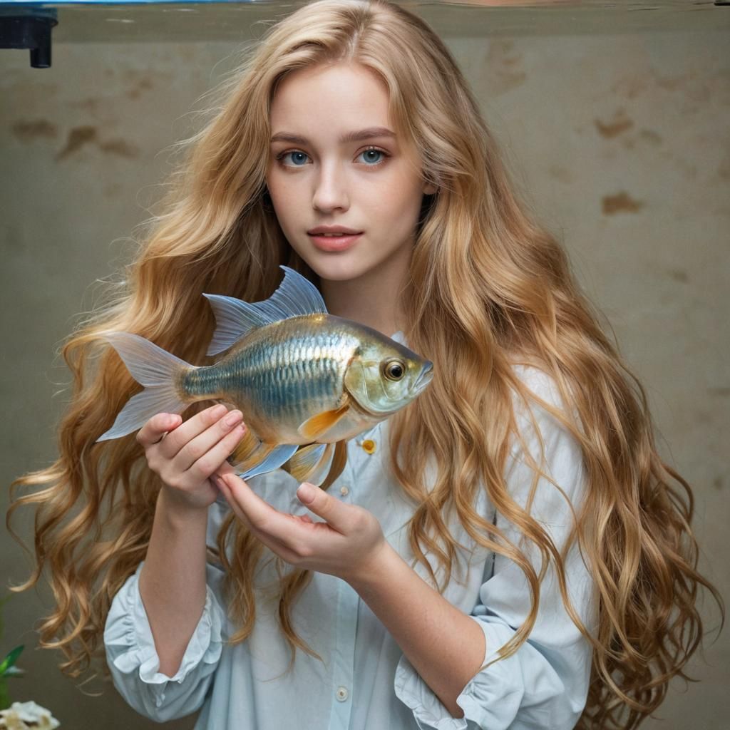 Girl with Golden Hair Holding Fish Aquarium
