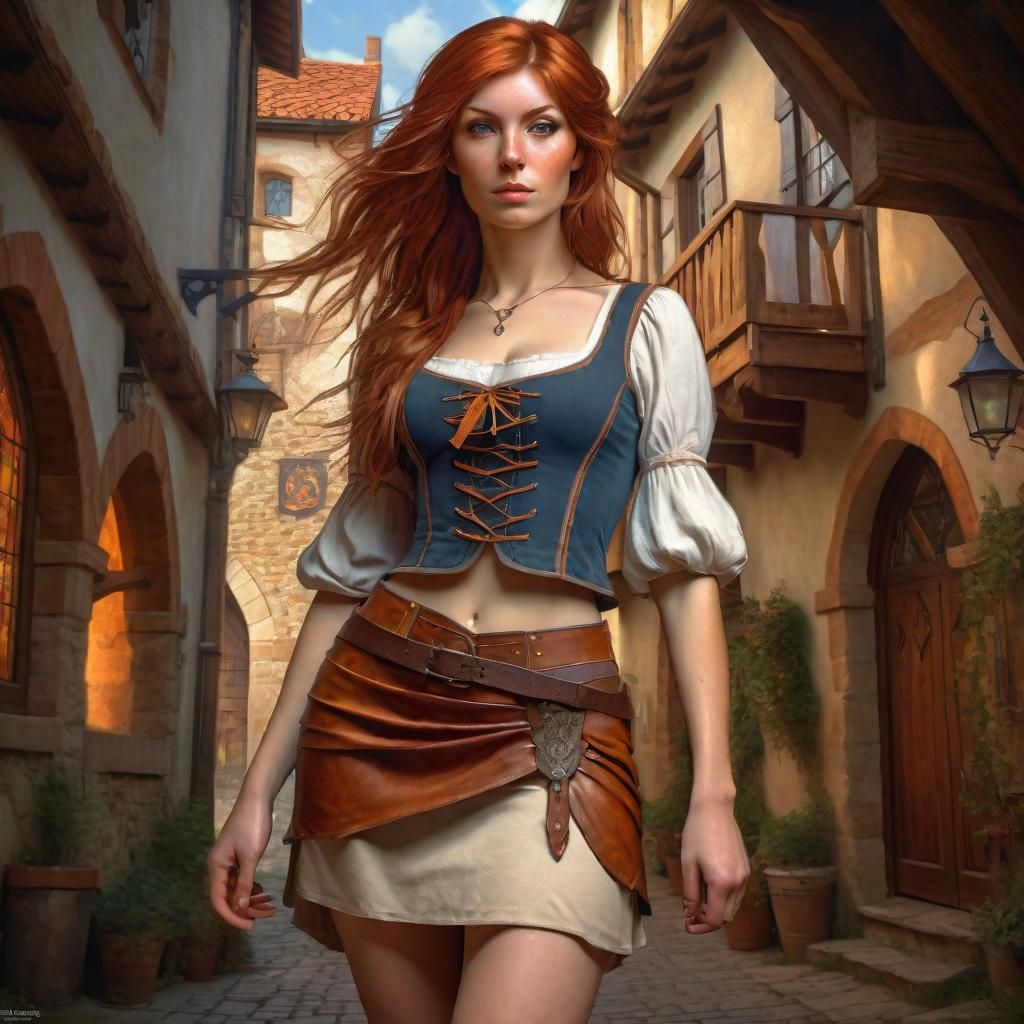 Auburn-Haired Beauty in Fantasy Medieval Village