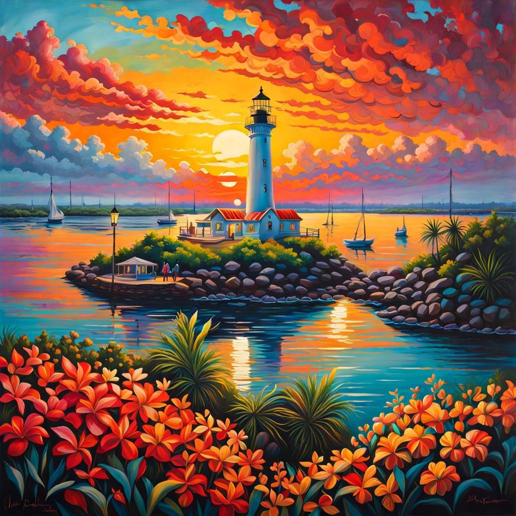 Nassau Harbour Lighthouse Sunset in Arthur Rackham Style