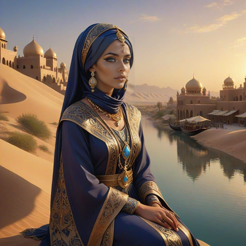 Majestic Arabian Queen in Golden Headdress