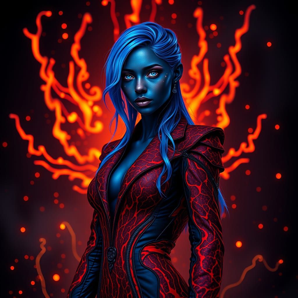 Surreal Goddess in Lava Suit, Cosmic Embers Glow