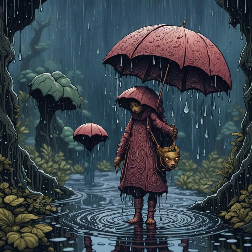 Angelic Raindrop Creatures in Detailed Linocut Style