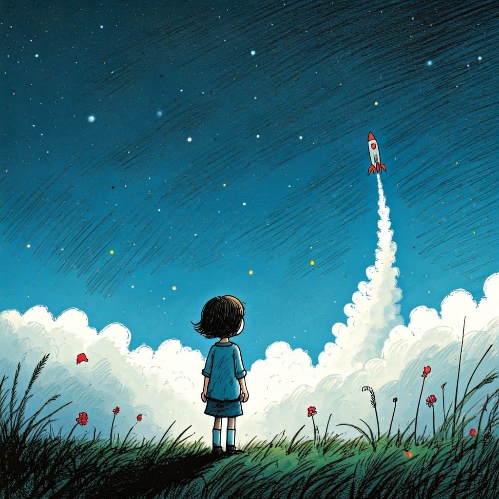 Girl Watches Rocket Ascend in Starry Night