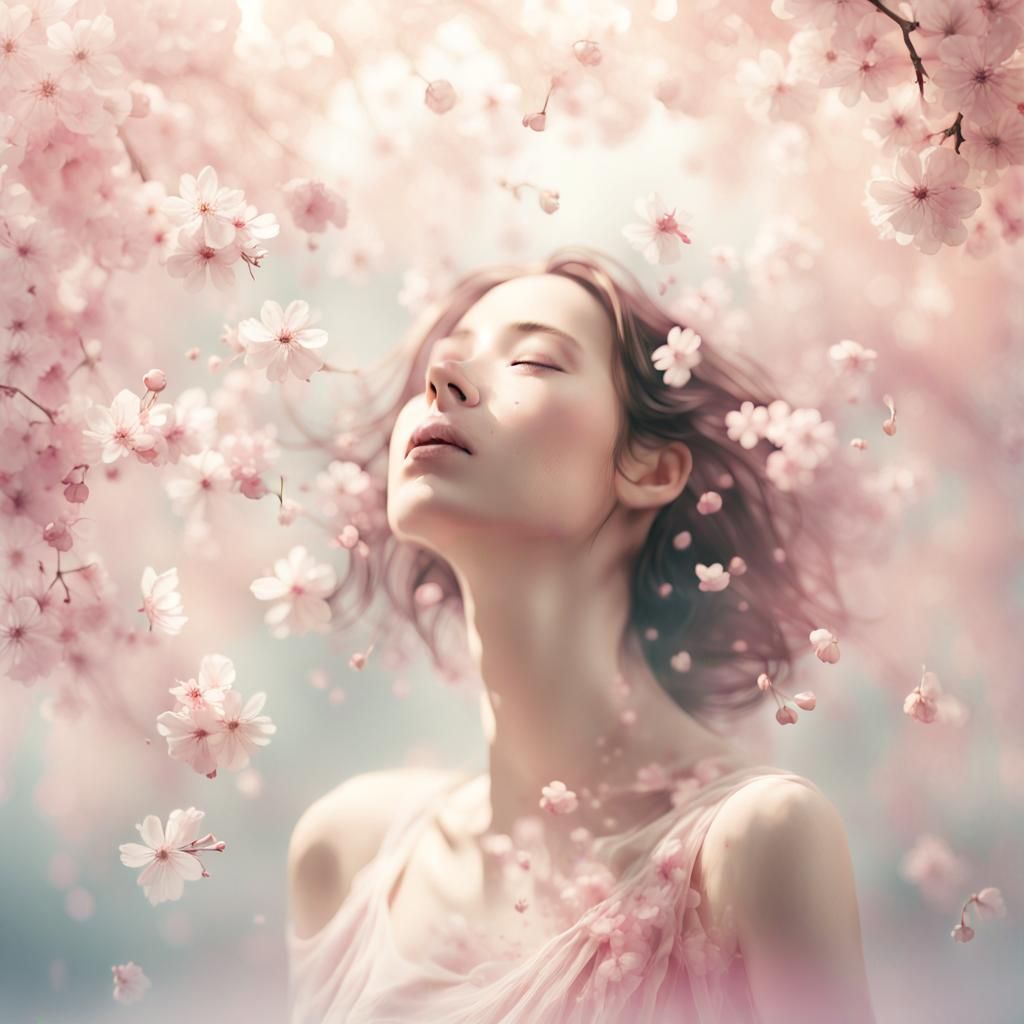 Ethereal Cherry Blossom Woman in Watercolor Style