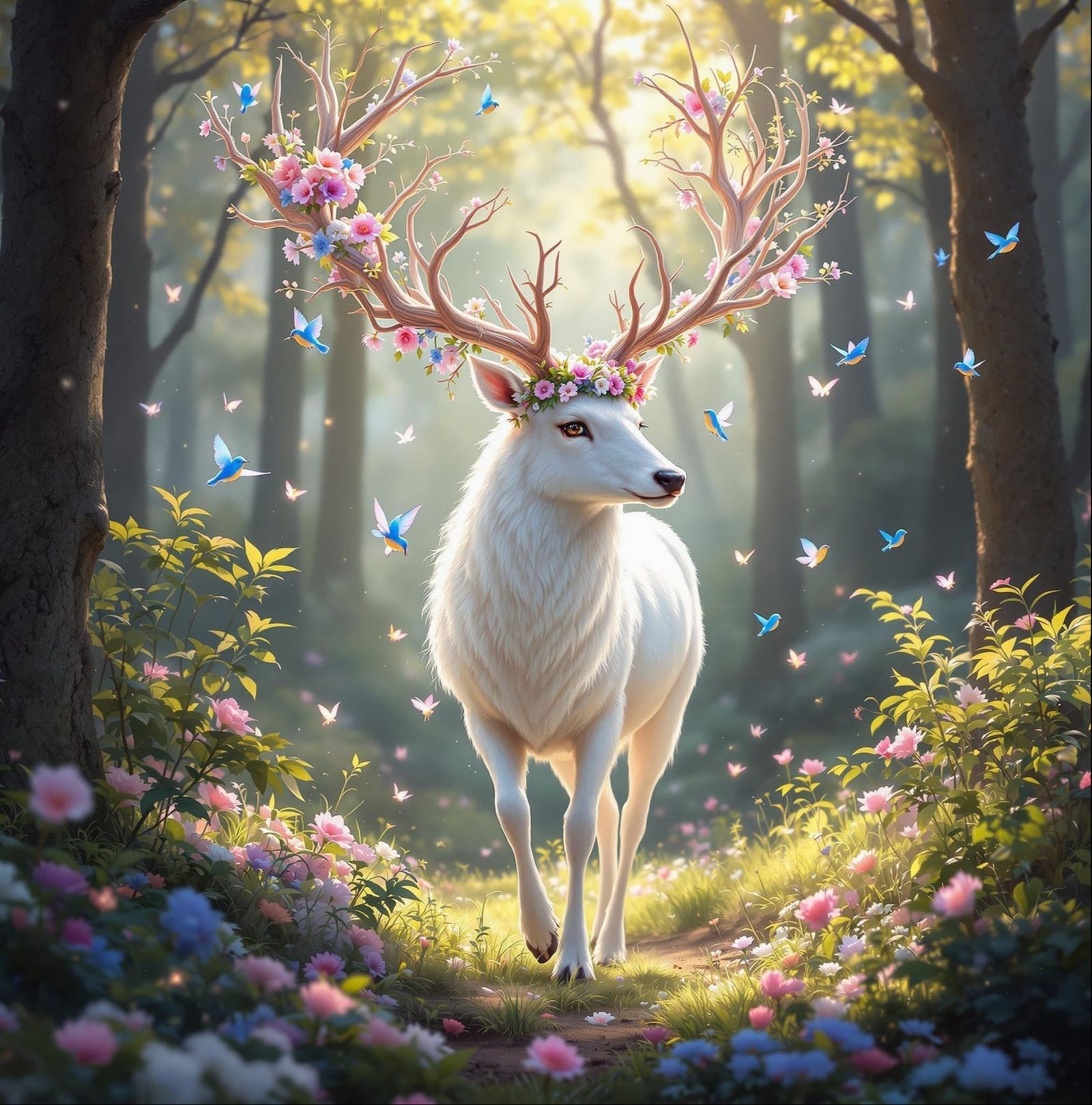Ethereal White Stag in Enchanted Spring Forest