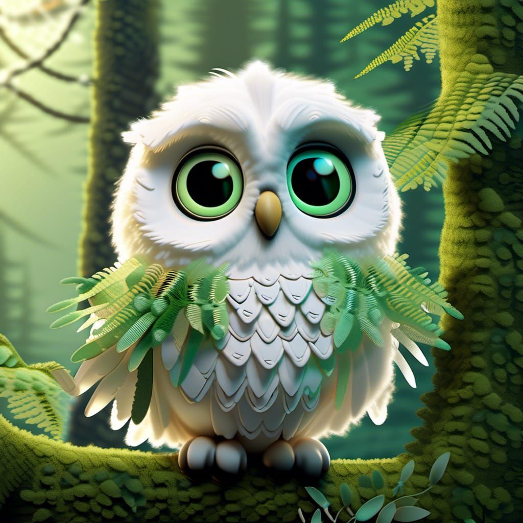 Adorable Snow Owl with Expressive Eyes in Dreamy Forest