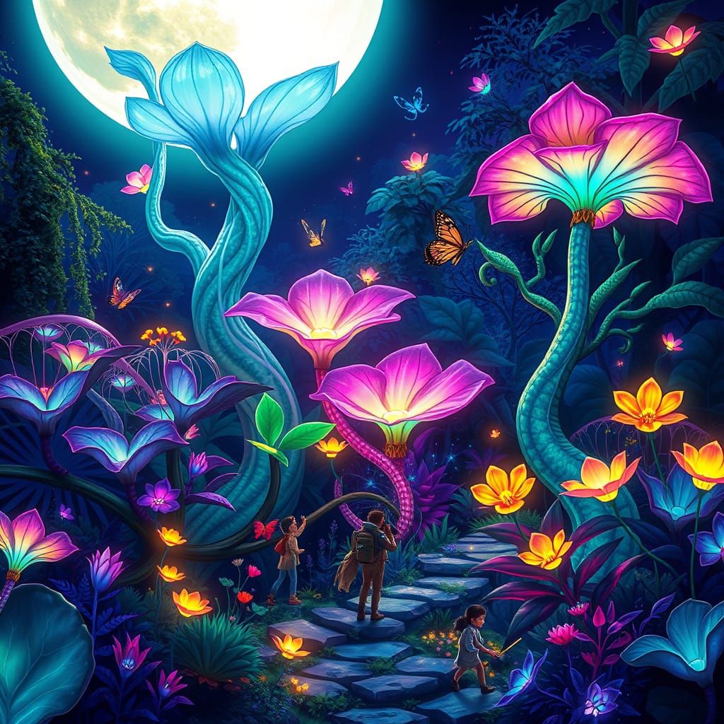 Whimsical Botanical Garden Under Glowing Moonflower Tree