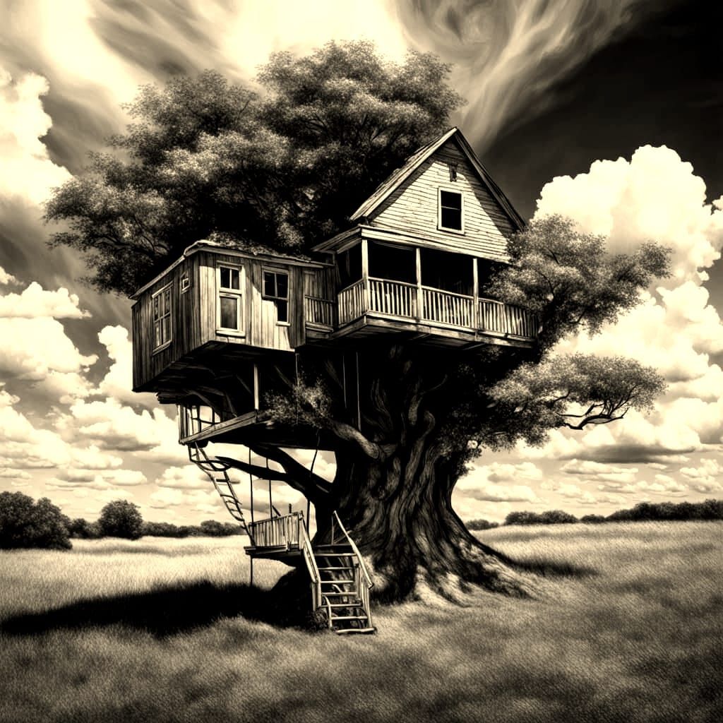 Magnificent Treehouse Amidst Puffy Clouds in Charcoal