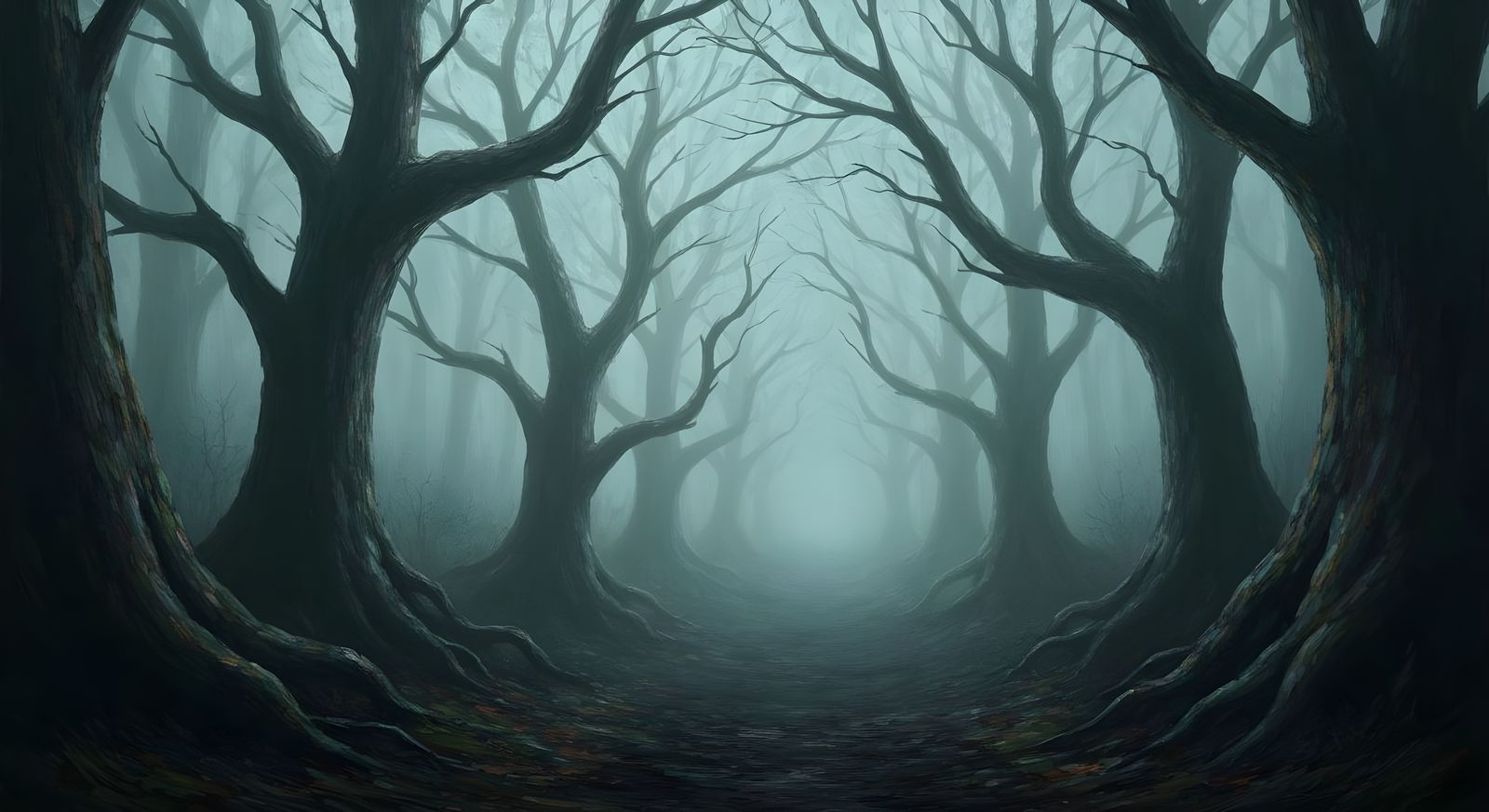 Scary Foggy Forest Path in Beksinski & Burton Style