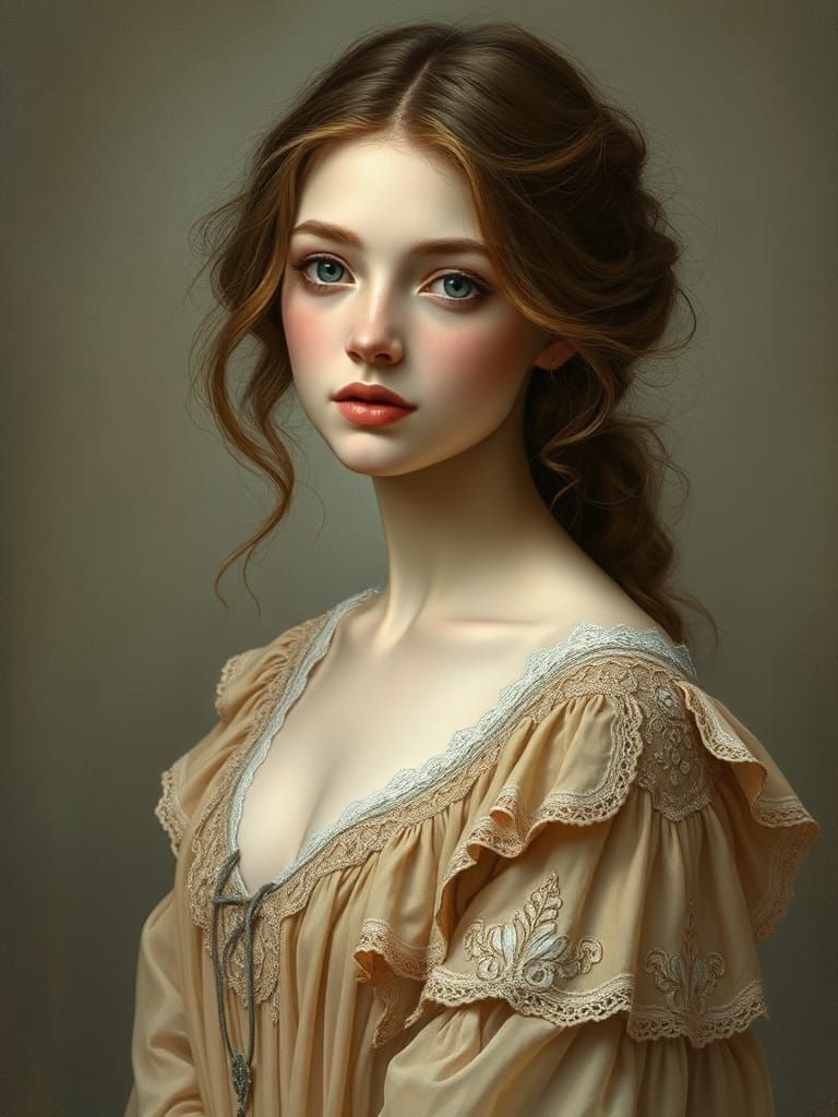 Ethereal Woman in Pre-Raphaelite Style Gown