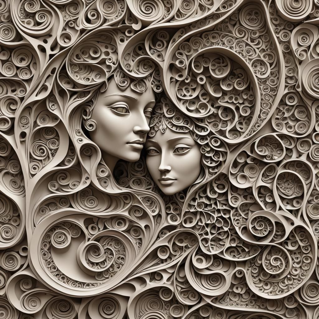 Abstract Clay Sculpture of Lovers with Fractal Patterns
