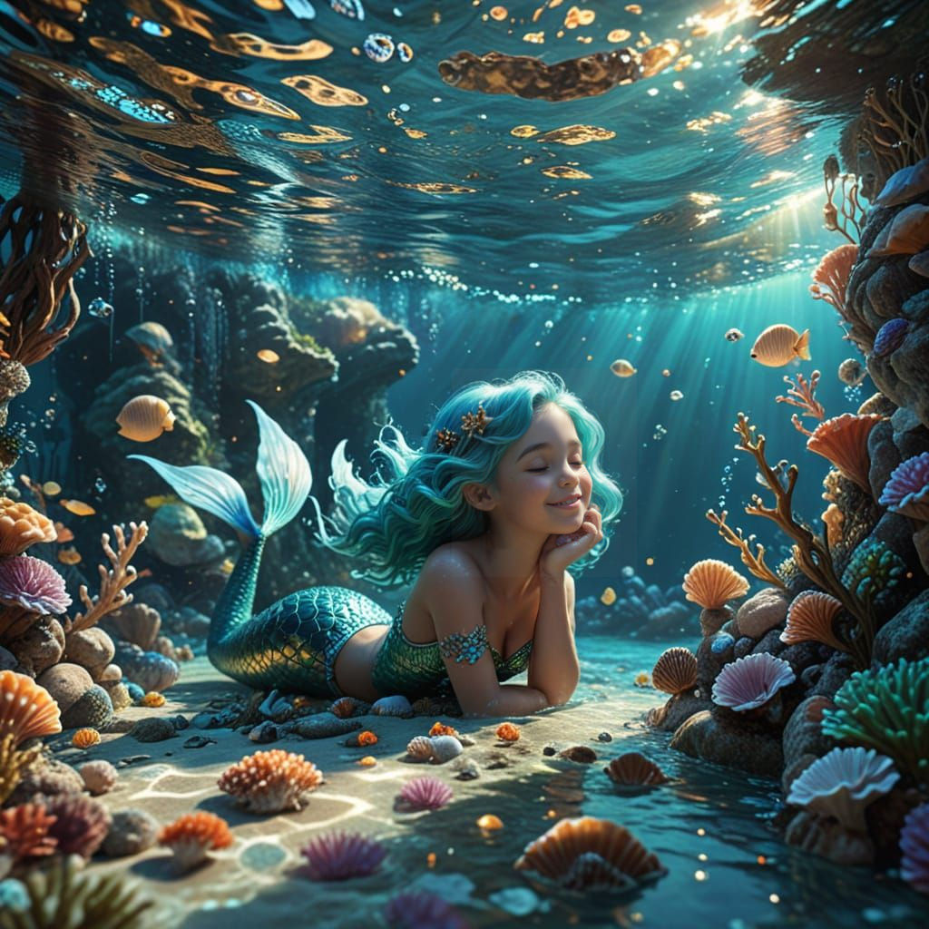 Surreal Underwater Scene of a Happy Mermaid Child with Hidde...