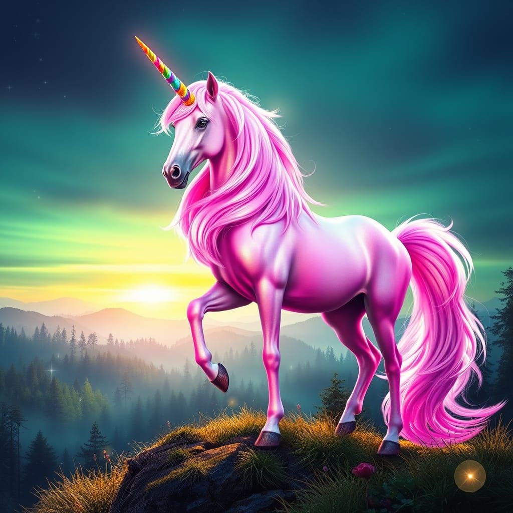 Regal Pink Unicorn with Rainbow Mane