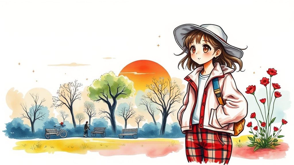 Girl Smiling in Park Sunrise Gouache Painting