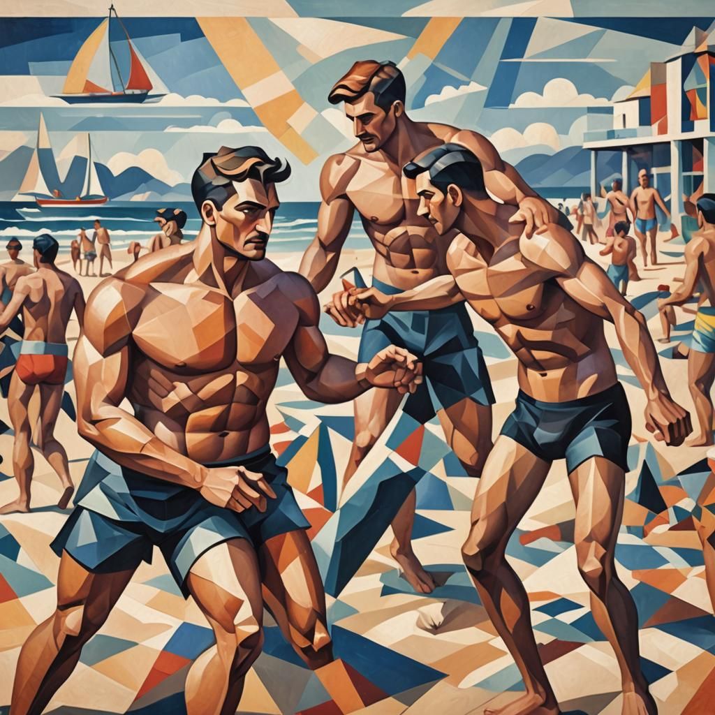 Cubist Beach Scene: Shirtless Men in Geometric Fauvism