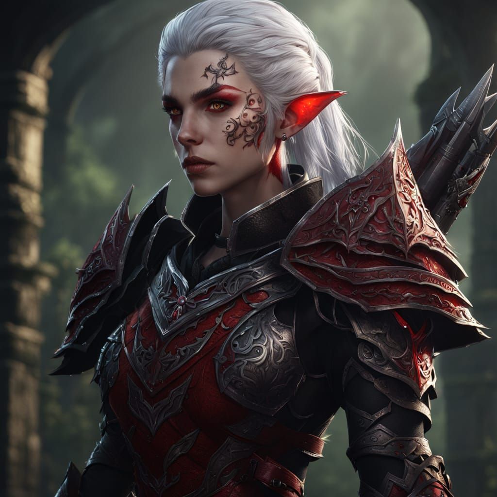 Elf Blood Hunter in Black and Red Armor