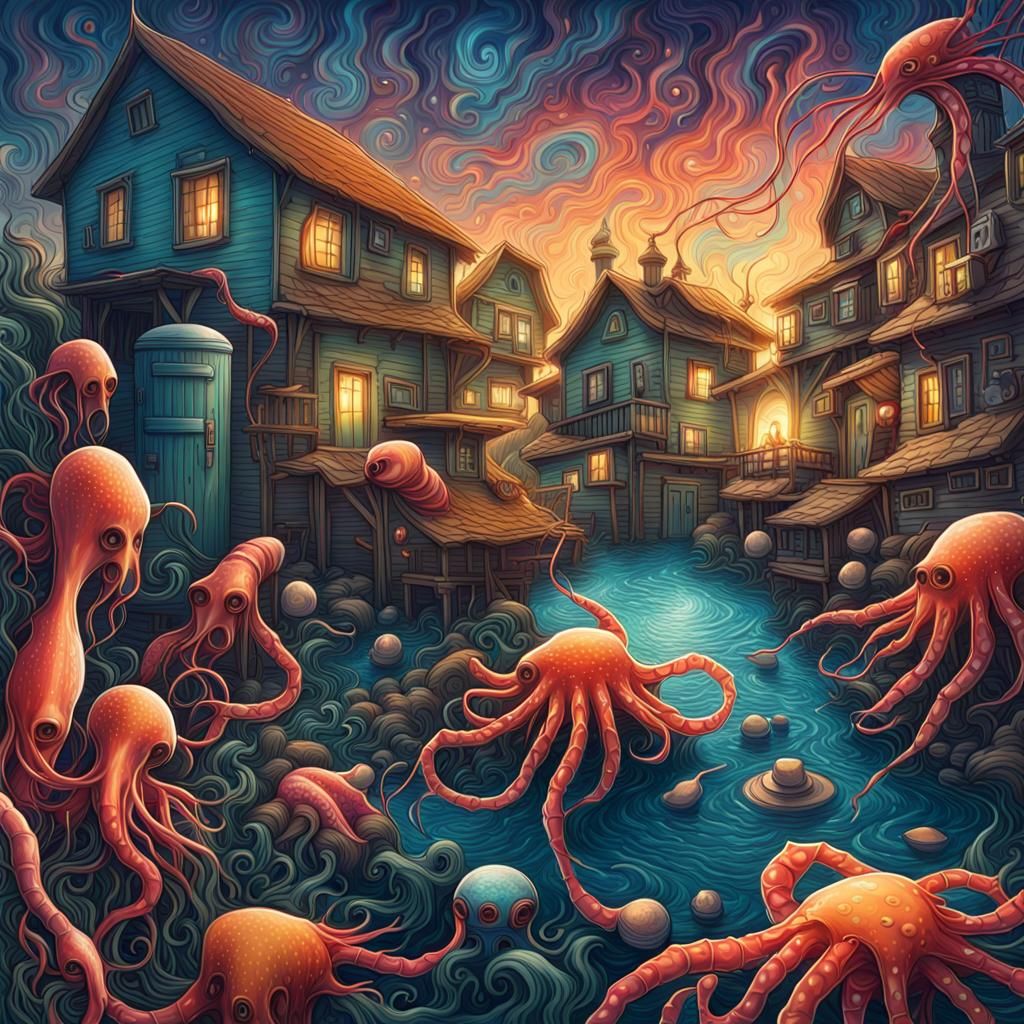 Deep Sea Squid Village: Holographic Astral Illustration