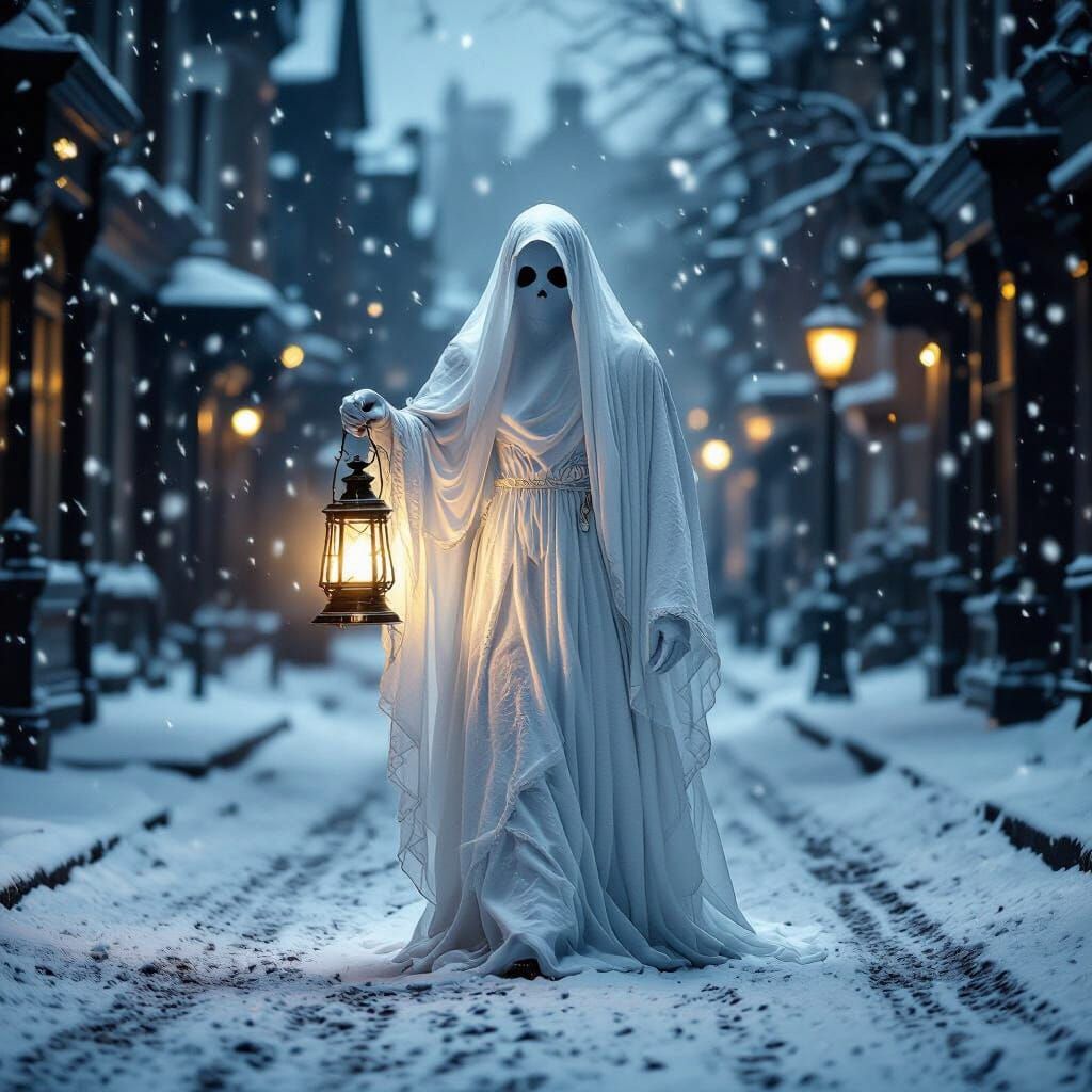 Ethereal Ghost Lantern in Snowy Victorian Street