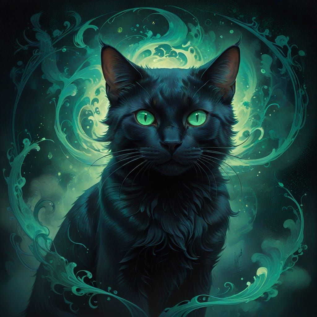 Mystical Black Cat in Dreamlike Darkness