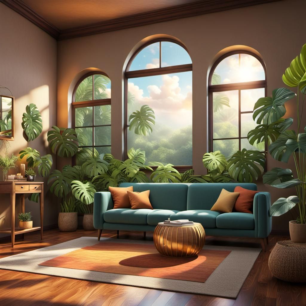 Cozy Room with Forest View in Detailed Matte Painting