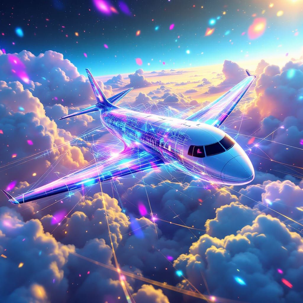Futuristic AI Plane Soars Through Dreamlike Sky
