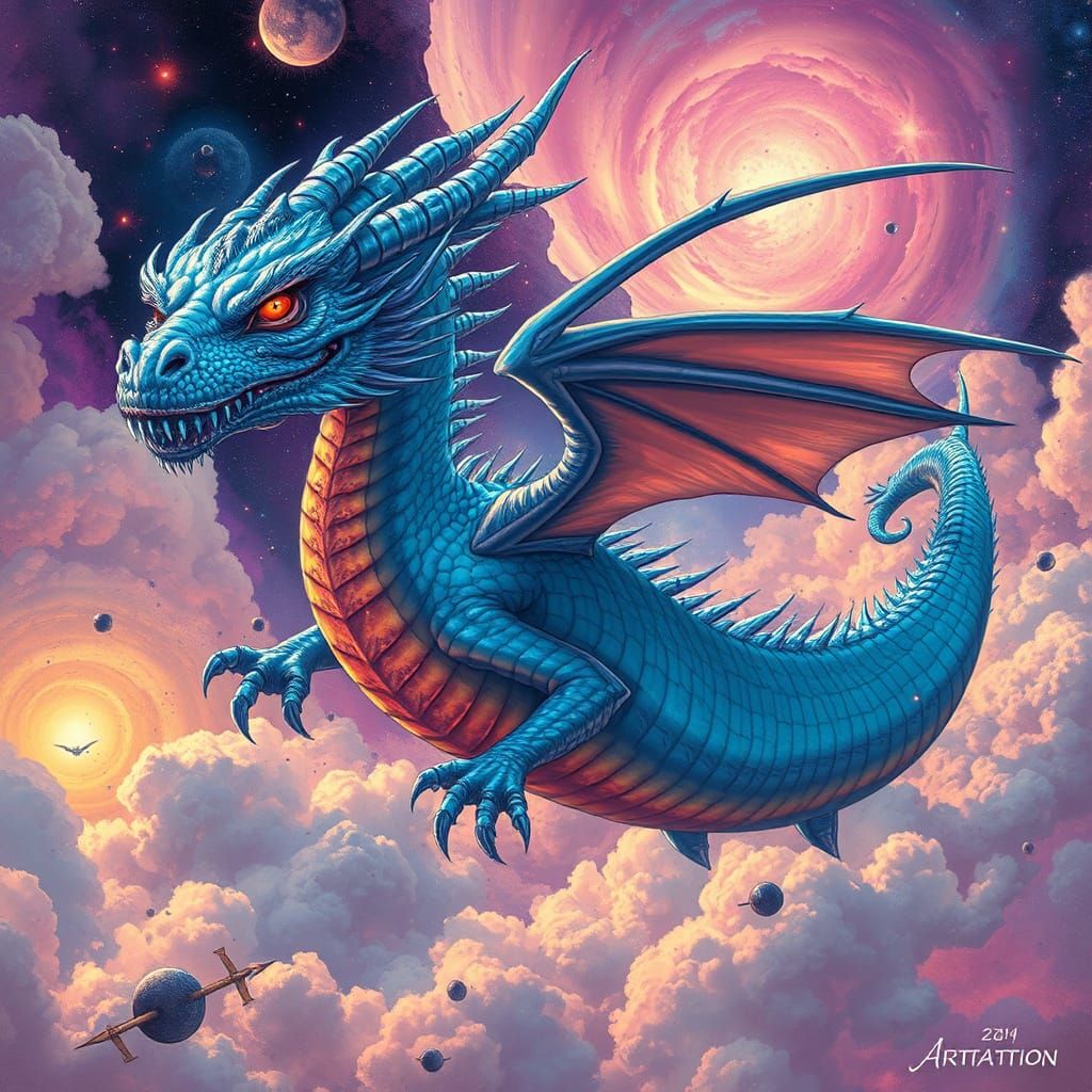 Bioluminescent Dragon Soaring Through Nebula, Digital Art