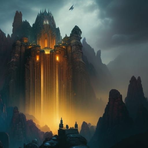 Dwarven Houses Carved into Marble Cliffs, Fantasycore Art