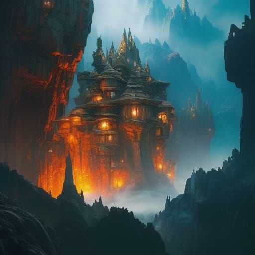 Dwarven Homes Carved in Marble Cliffs: Fantasy Landscape