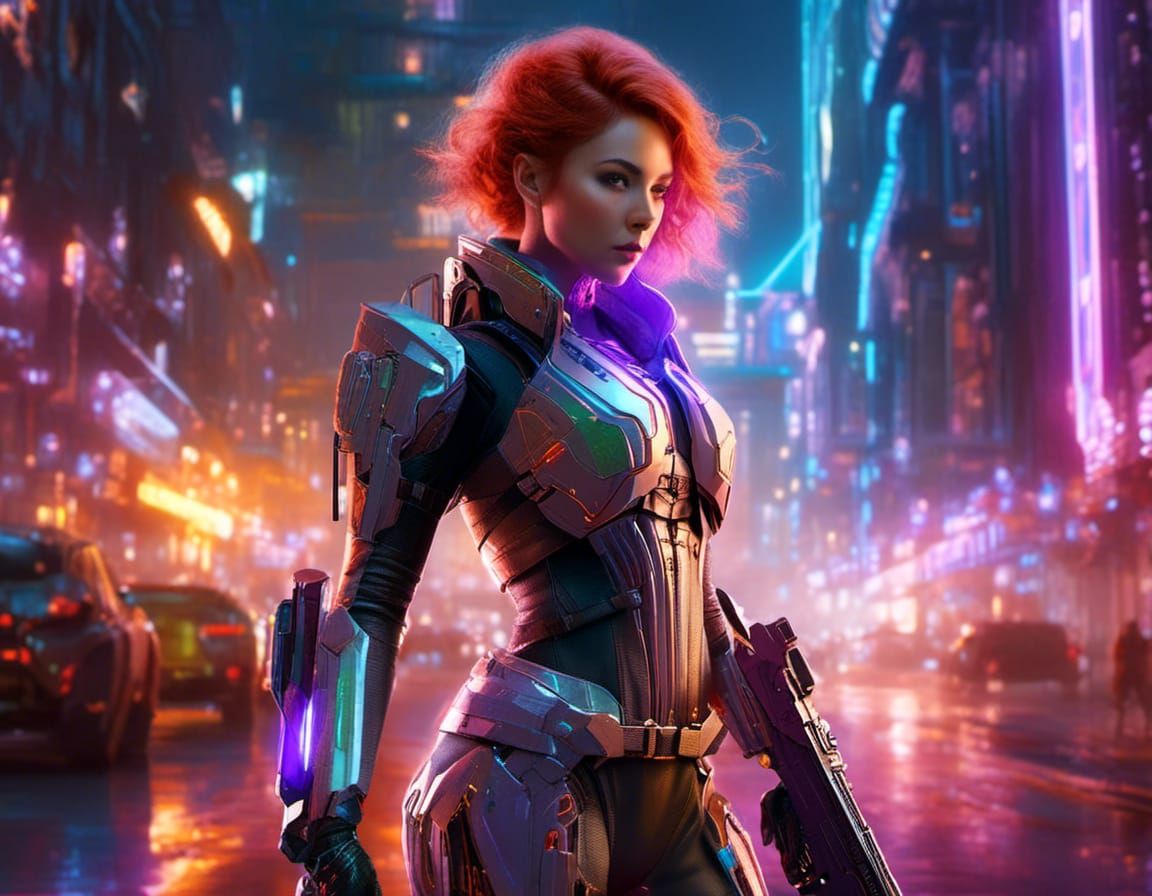 Futuristic Warrior in Neon Cityscape