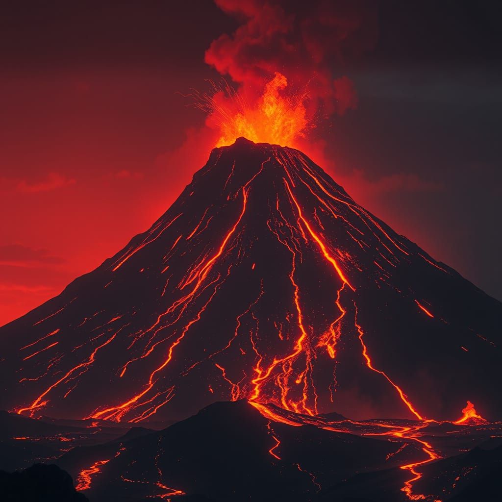 Photorealistic Volcano Eruption at Night