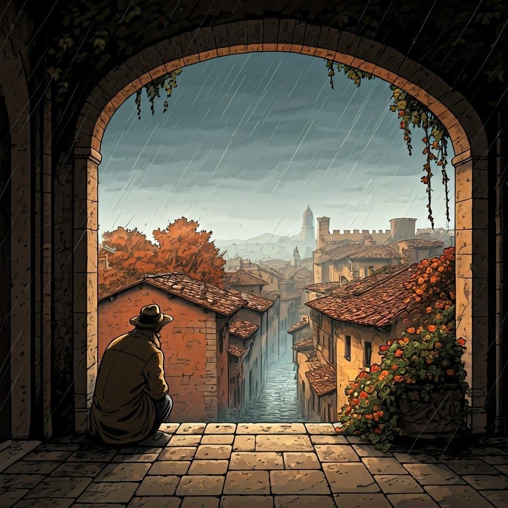 Italian Figure Observes Autumn Rain: Comic Book Style